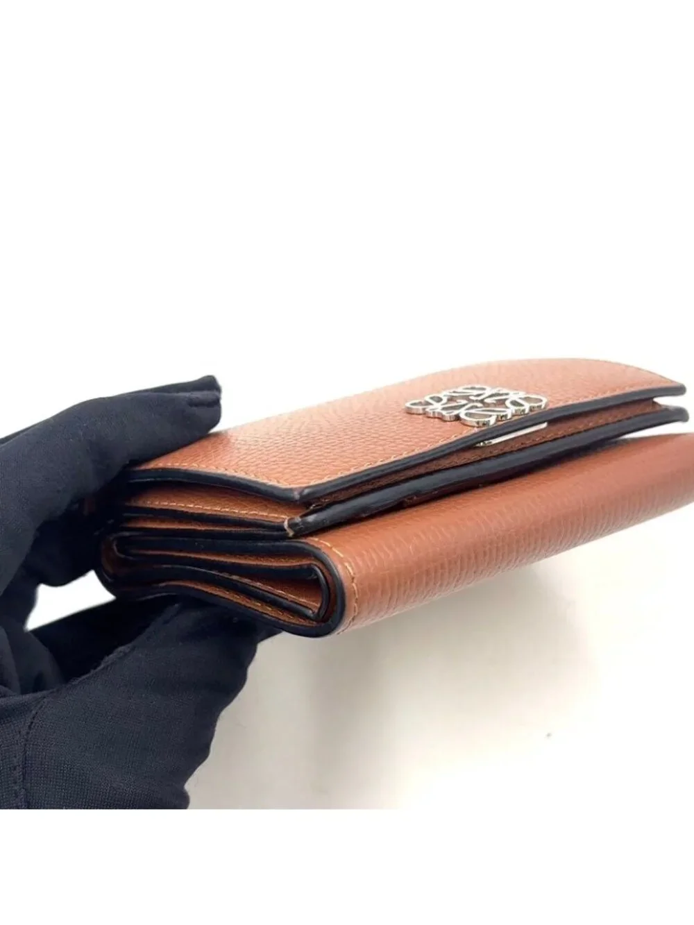 Loewe Anagram Trifold Wallet Compact Leather Brown Silver